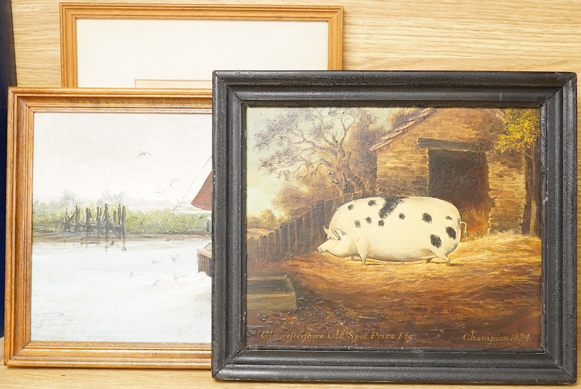 Naive School, Study of a Gloucestershire Old Spot Prize Pig, inscribed ‘Champion 1834’, oil on board, together with an etching and an oil, ‘Lowestoft Fishing Boat’, largest 19 x 39cm